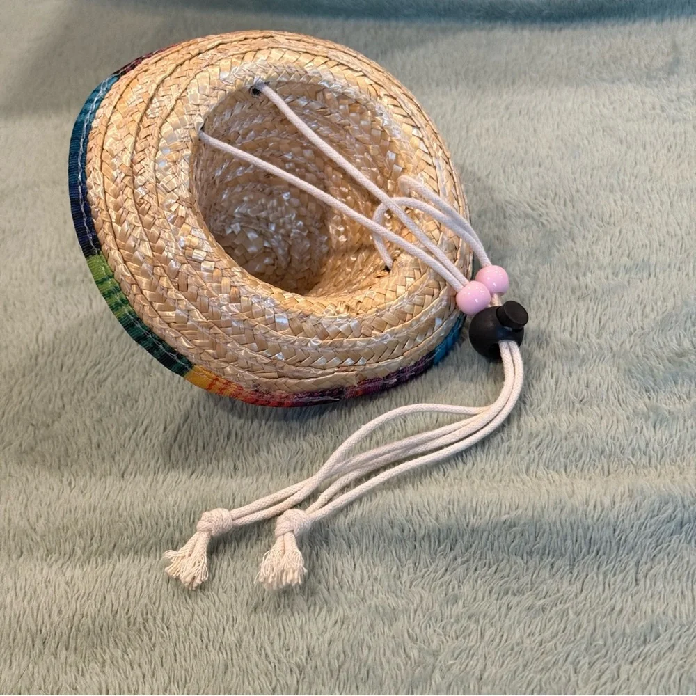 Colorful Straw Cat Sombrero Costume Hat w/ Adjustable Chin Strap